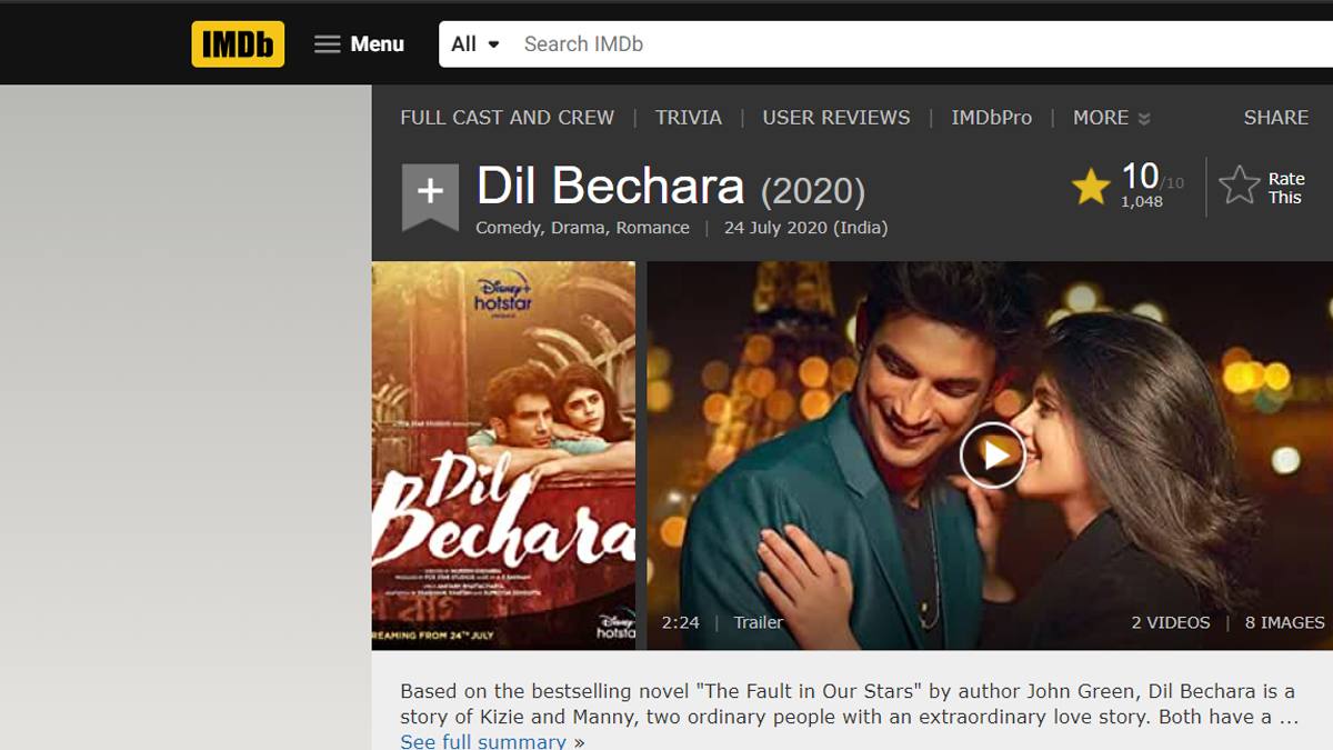 Sushant Singh Rajputs Dil Bechara broke the record and Gained 10 IMDb Rating